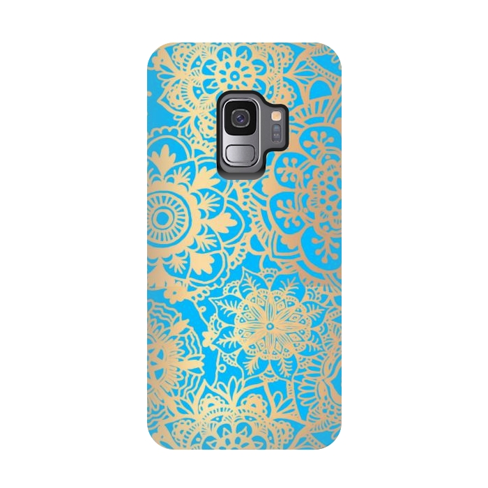 Galaxy S9 StrongFit Light Blue and Gold Mandala Pattern by Julie Erin Designs