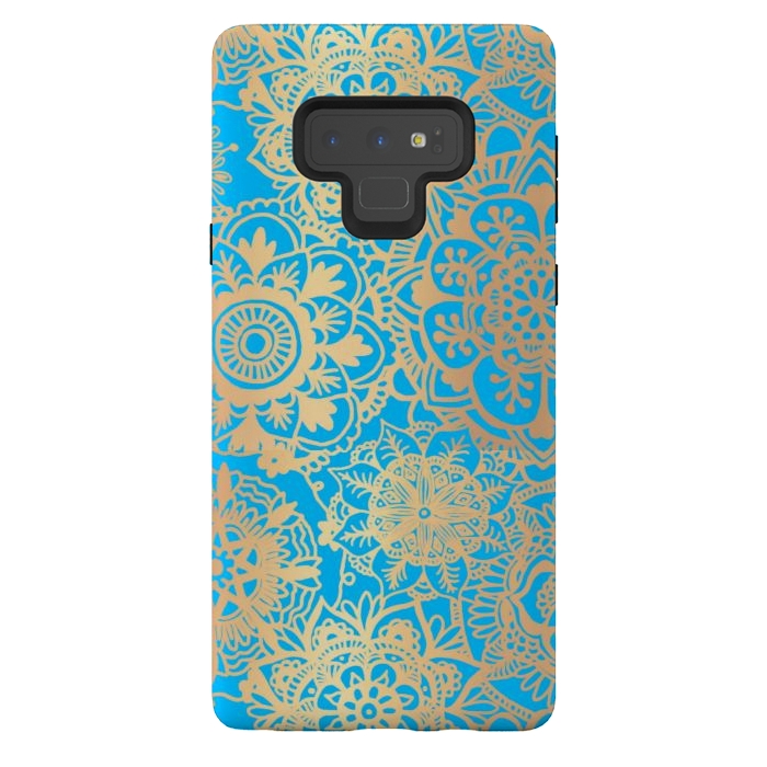 Galaxy Note 9 StrongFit Light Blue and Gold Mandala Pattern by Julie Erin Designs