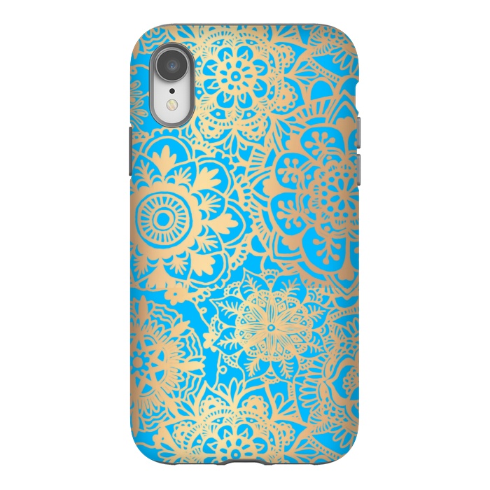 iPhone Xr StrongFit Light Blue and Gold Mandala Pattern by Julie Erin Designs