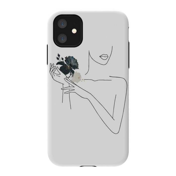 iPhone 11 StrongFit Lineart Girl With Black Flowers by DaDo ART