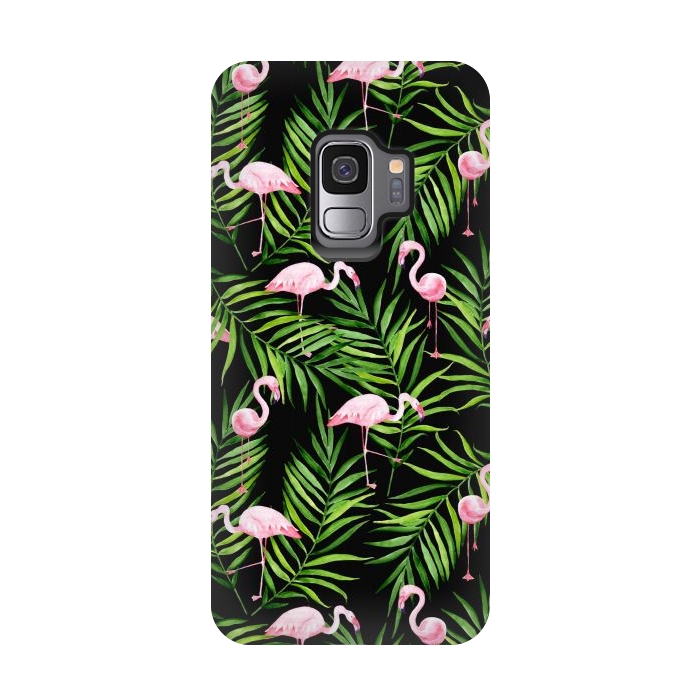 Galaxy S9 StrongFit Pink flamingo ang palm leaves by Julia Badeeva