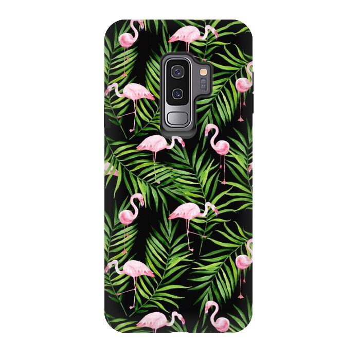 Galaxy S9 plus StrongFit Pink flamingo ang palm leaves by Julia Badeeva