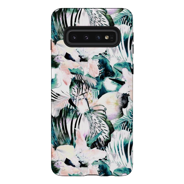 Galaxy S10 StrongFit Tropical flowers and palm leaves by Oana 