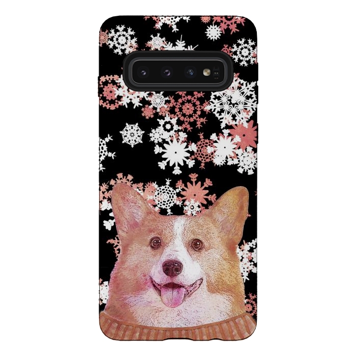 Galaxy S10 StrongFit Cute corgi and white rose gold snowflakes by Oana 