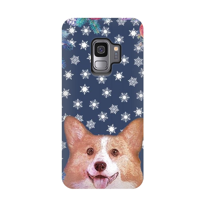 Galaxy S9 StrongFit Corgi, snowflakes and winter decorations by Oana 