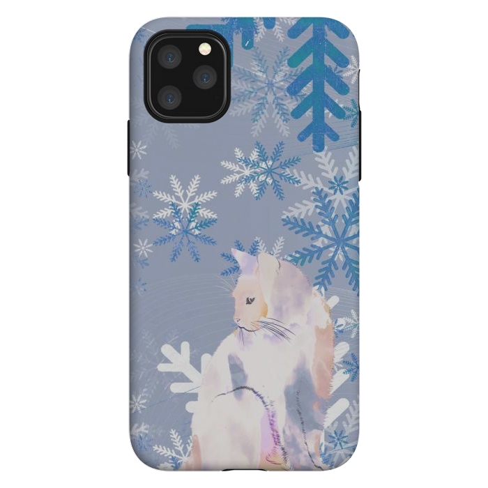 iPhone 11 Pro Max StrongFit Cat and metallic blue snowflakes watercolor illustration by Oana 