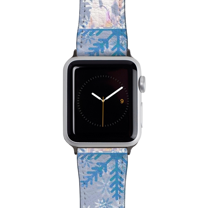 Watch 38mm / 40mm Strap PU leather Cat and metallic blue snowflakes watercolor illustration by Oana 