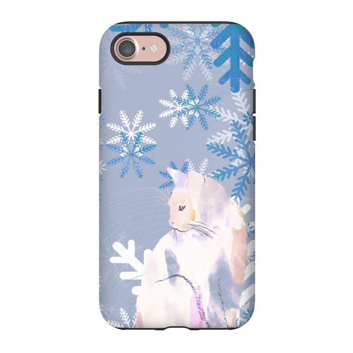 iPhone 7 StrongFit Cat and metallic blue snowflakes watercolor illustration by Oana 