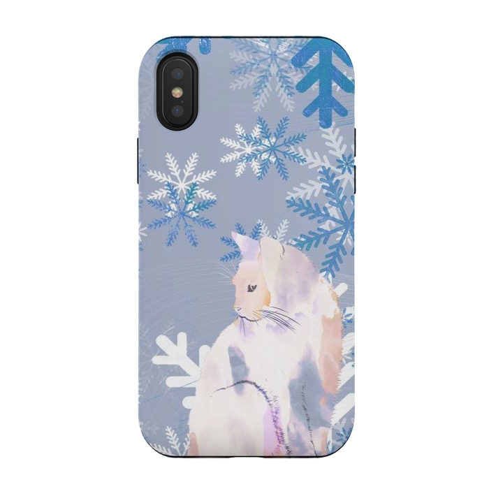 iPhone Xs / X StrongFit Cat and metallic blue snowflakes watercolor illustration by Oana 