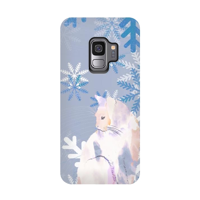Galaxy S9 StrongFit Cat and metallic blue snowflakes watercolor illustration by Oana 