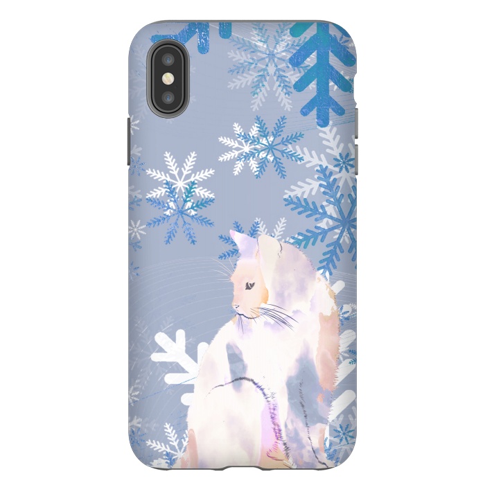 iPhone Xs Max StrongFit Cat and metallic blue snowflakes watercolor illustration by Oana 