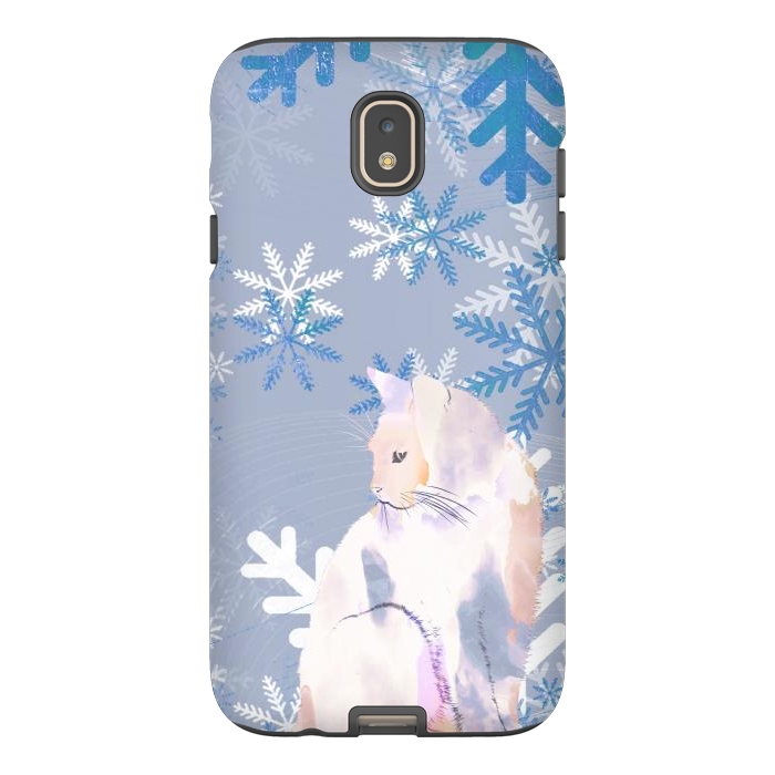 Galaxy J7 StrongFit Cat and metallic blue snowflakes watercolor illustration by Oana 