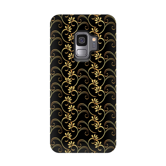 Galaxy S9 StrongFit golden black floral pattern by MALLIKA