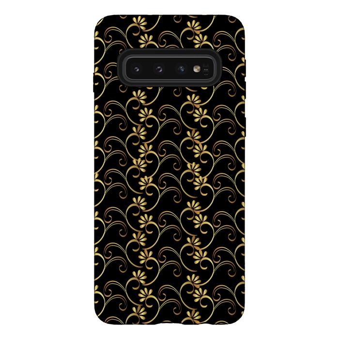 Galaxy S10 StrongFit golden black floral pattern by MALLIKA
