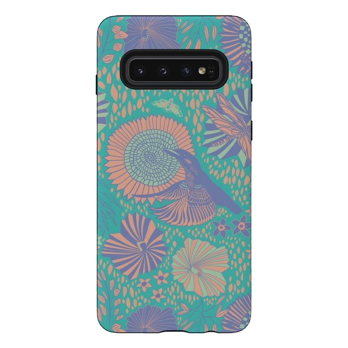 Galaxy S10 StrongFit Mint bird and dragonfly by Nina Leth