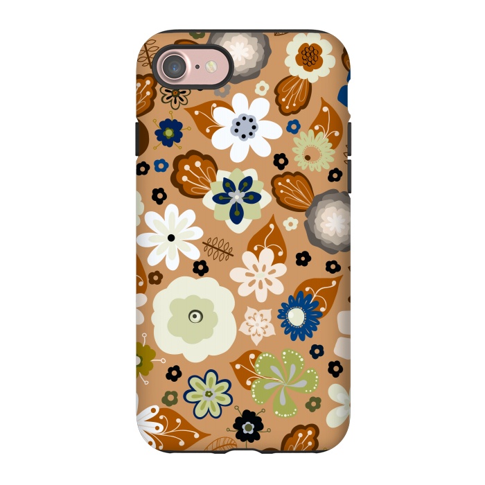 iPhone 7 StrongFit Kitsch 70s Flowers in Classic Blue and Brown by Paula Ohreen
