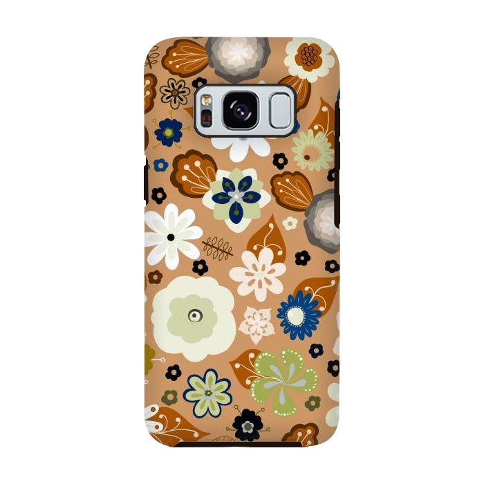 Galaxy S8 StrongFit Kitsch 70s Flowers in Classic Blue and Brown by Paula Ohreen