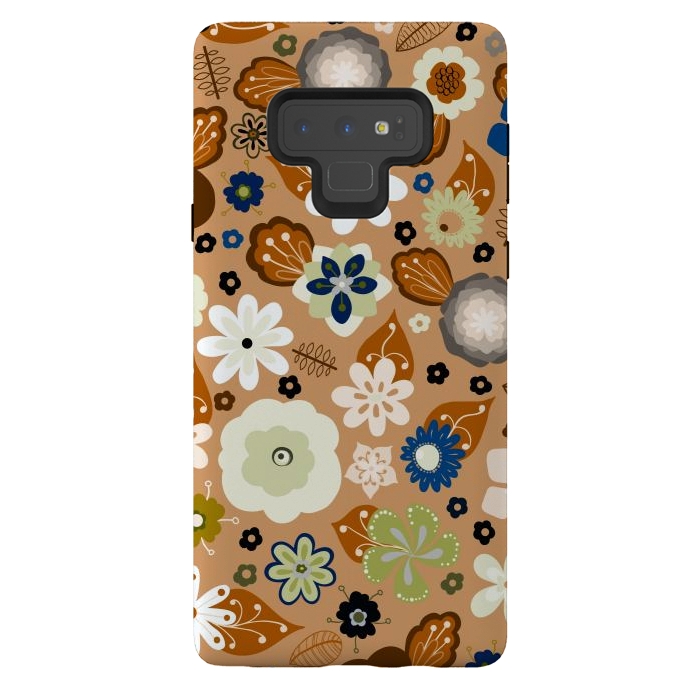 Galaxy Note 9 StrongFit Kitsch 70s Flowers in Classic Blue and Brown by Paula Ohreen