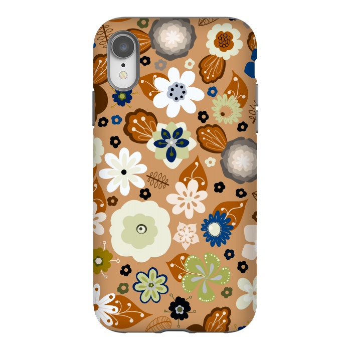 iPhone Xr StrongFit Kitsch 70s Flowers in Classic Blue and Brown by Paula Ohreen