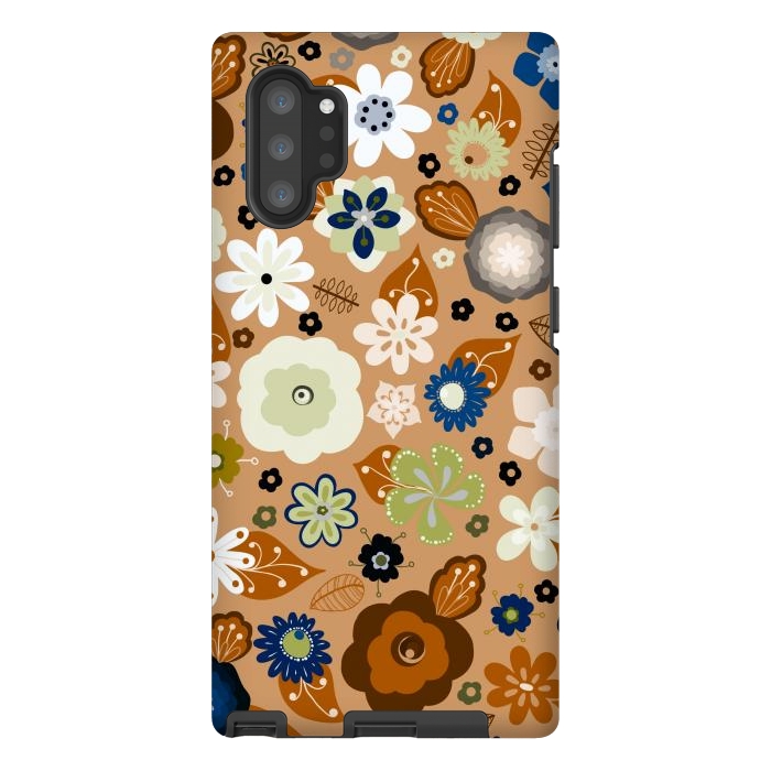 Galaxy Note 10 plus StrongFit Kitsch 70s Flowers in Classic Blue and Brown by Paula Ohreen