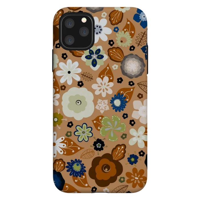 iPhone 11 Pro Max StrongFit Kitsch 70s Flowers in Classic Blue and Brown by Paula Ohreen