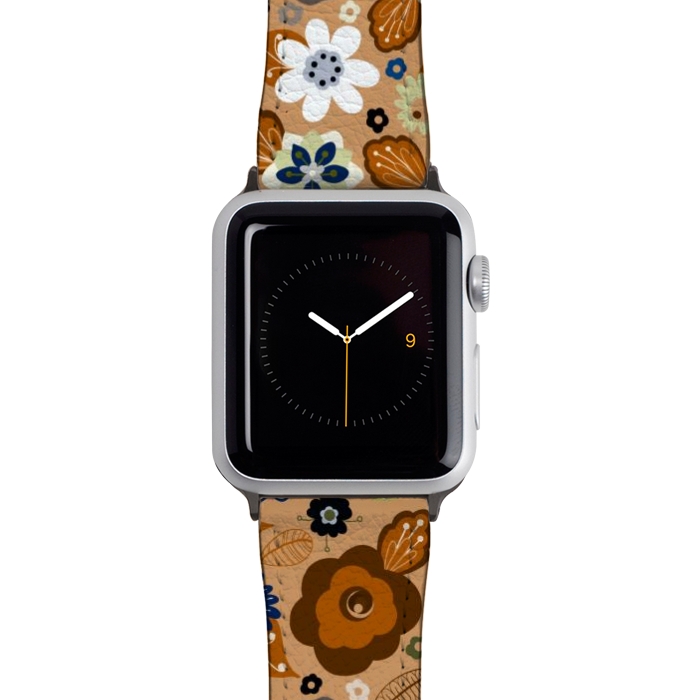Watch 42mm / 44mm Strap PU leather Kitsch 70s Flowers in Classic Blue and Brown by Paula Ohreen