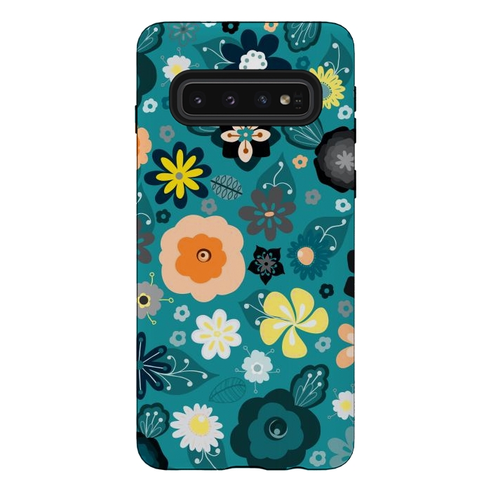 Galaxy S10 StrongFit Kitsch 70s Flowers in Classic Blue and Yellow by Paula Ohreen