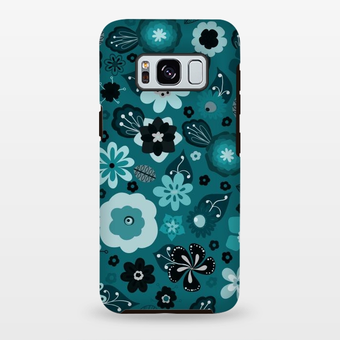 Galaxy S8 plus StrongFit Kitsch 70s Flowers in Monochrome Classic Blue by Paula Ohreen