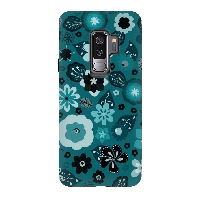 Galaxy S9 plus StrongFit Kitsch 70s Flowers in Monochrome Classic Blue by Paula Ohreen