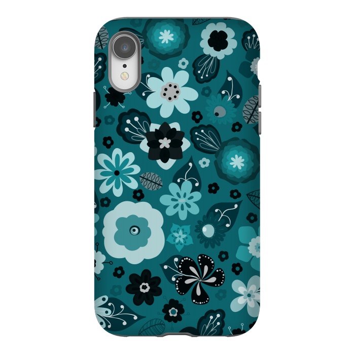 iPhone Xr StrongFit Kitsch 70s Flowers in Monochrome Classic Blue by Paula Ohreen
