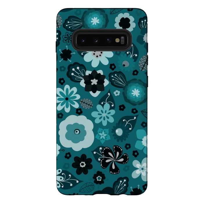 Galaxy S10 plus StrongFit Kitsch 70s Flowers in Monochrome Classic Blue by Paula Ohreen
