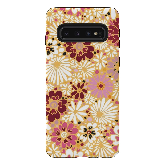 Galaxy S10 StrongFit 70s Valentine Flowers in Pink, Cream and Yellow by Paula Ohreen