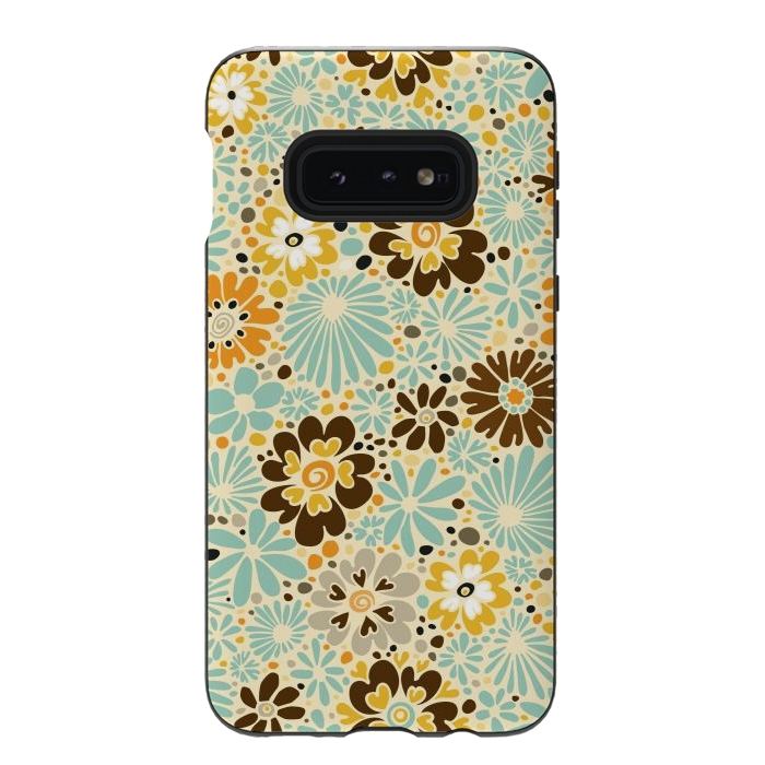 Galaxy S10e StrongFit 70s Valentine Flowers in Orange, Brown and Blue by Paula Ohreen