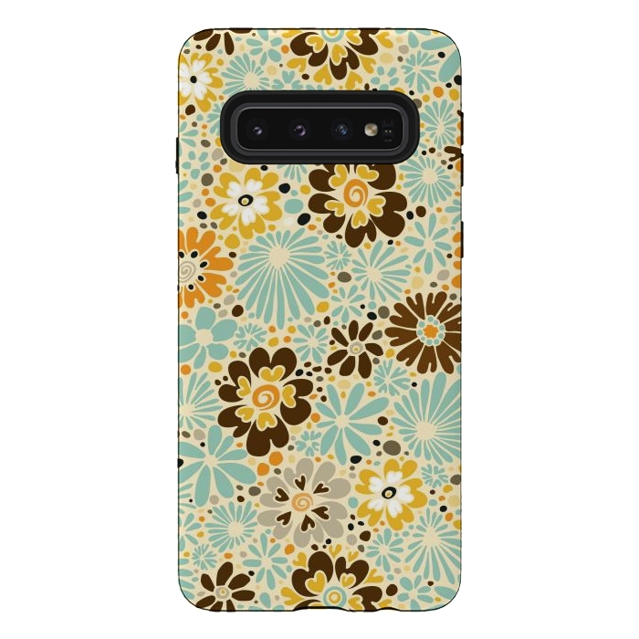 Galaxy S10 StrongFit 70s Valentine Flowers in Orange, Brown and Blue by Paula Ohreen