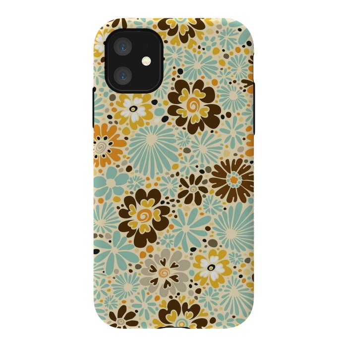 iPhone 11 StrongFit 70s Valentine Flowers in Orange, Brown and Blue by Paula Ohreen