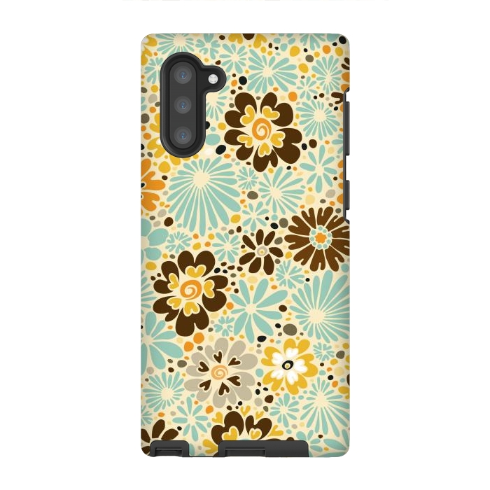 Galaxy Note 10 StrongFit 70s Valentine Flowers in Orange, Brown and Blue by Paula Ohreen