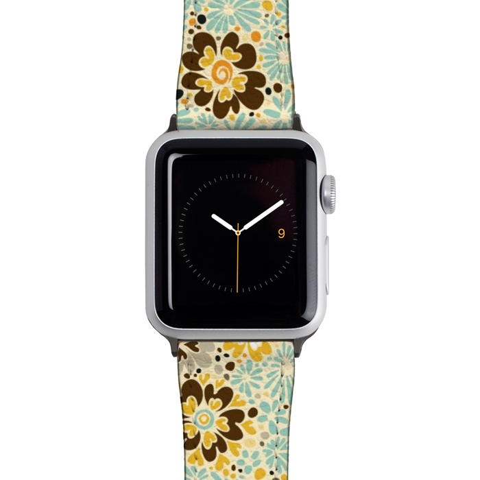 Watch 42mm / 44mm Strap PU leather 70s Valentine Flowers in Orange, Brown and Blue by Paula Ohreen