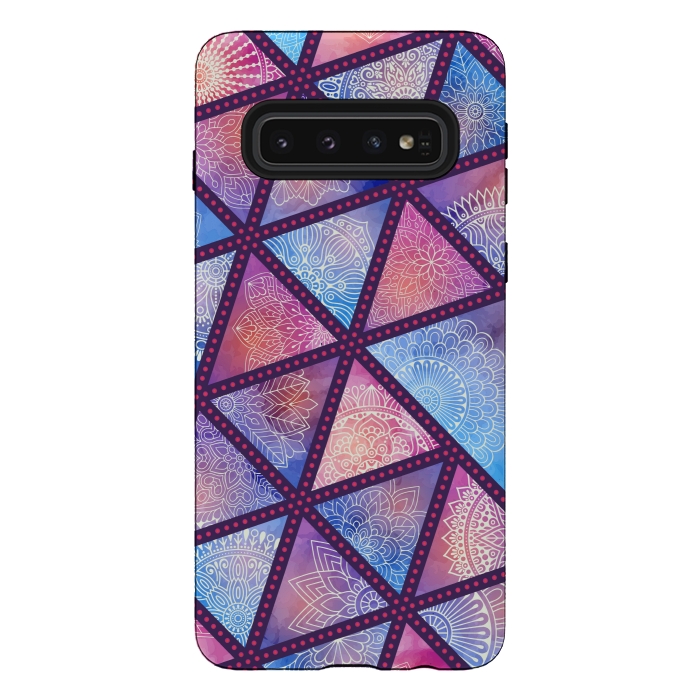 Galaxy S10 StrongFit triangle mandala pattern blue pink by MALLIKA