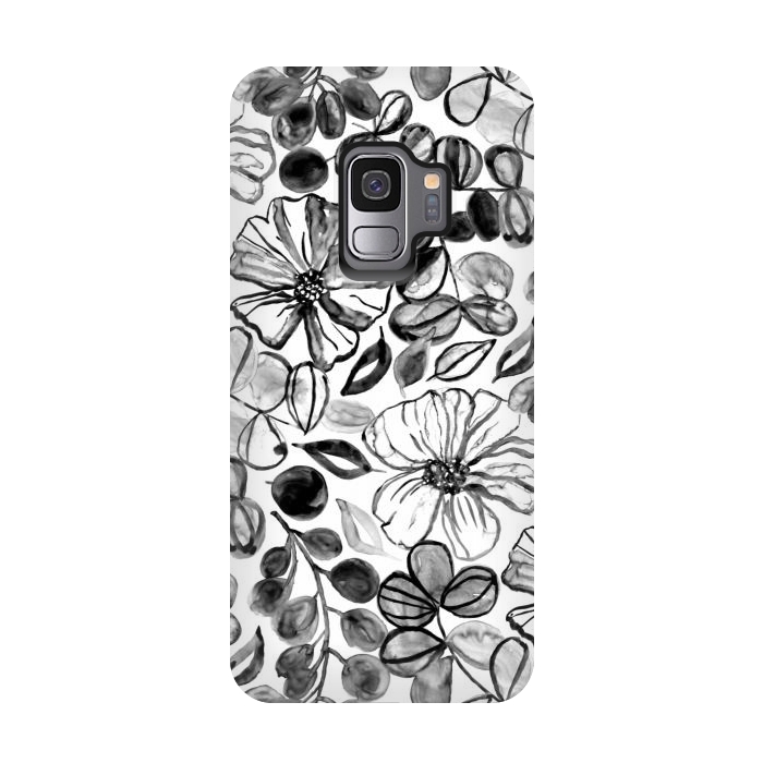 Galaxy S9 StrongFit Black & White Painted Floral  by Tigatiga