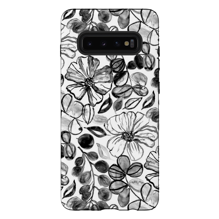 Galaxy S10 plus StrongFit Black & White Painted Floral  by Tigatiga
