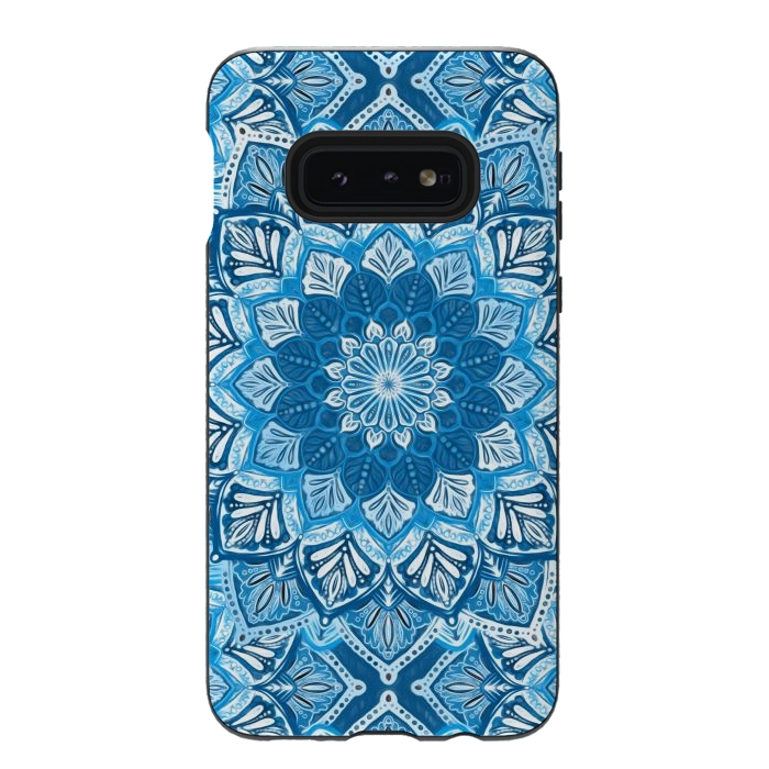 Galaxy S10e StrongFit Boho Mandala in Monochrome Blue and White by Micklyn Le Feuvre