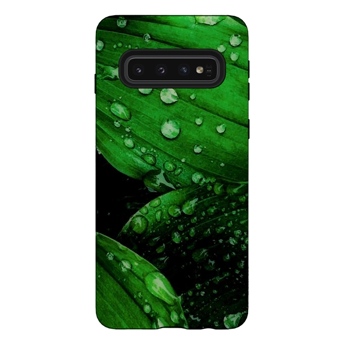 Galaxy S10 StrongFit green leaf with raindrops by haroulita