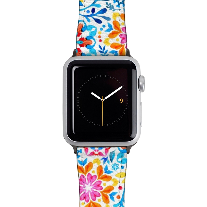 Watch 42mm / 44mm Strap PU leather Watercolor Kaleidoscope Floral - brights by Micklyn Le Feuvre
