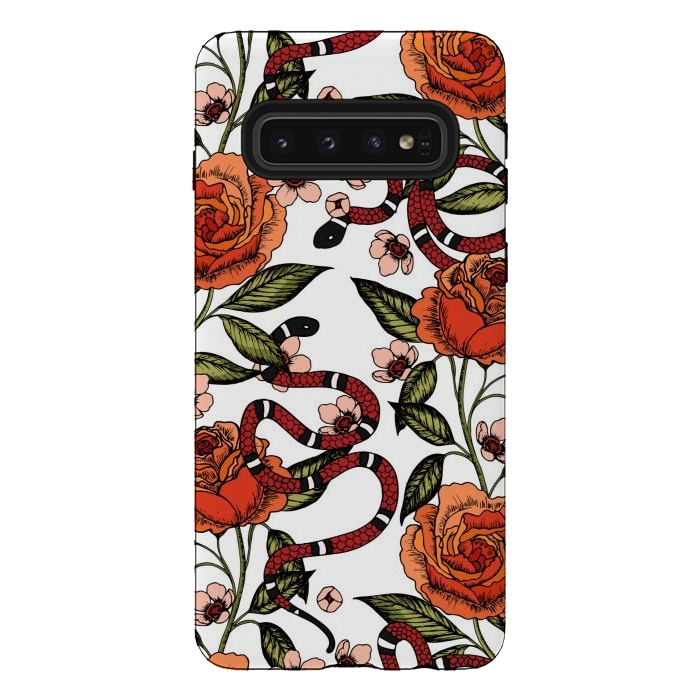 Galaxy S10 StrongFit Roses and snake. White pattern by Julia Badeeva