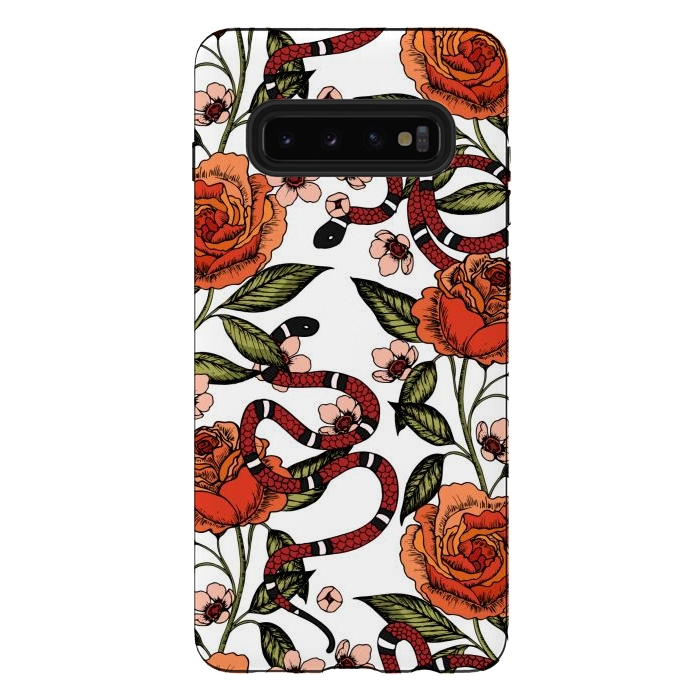 Galaxy S10 plus StrongFit Roses and snake. White pattern by Julia Badeeva