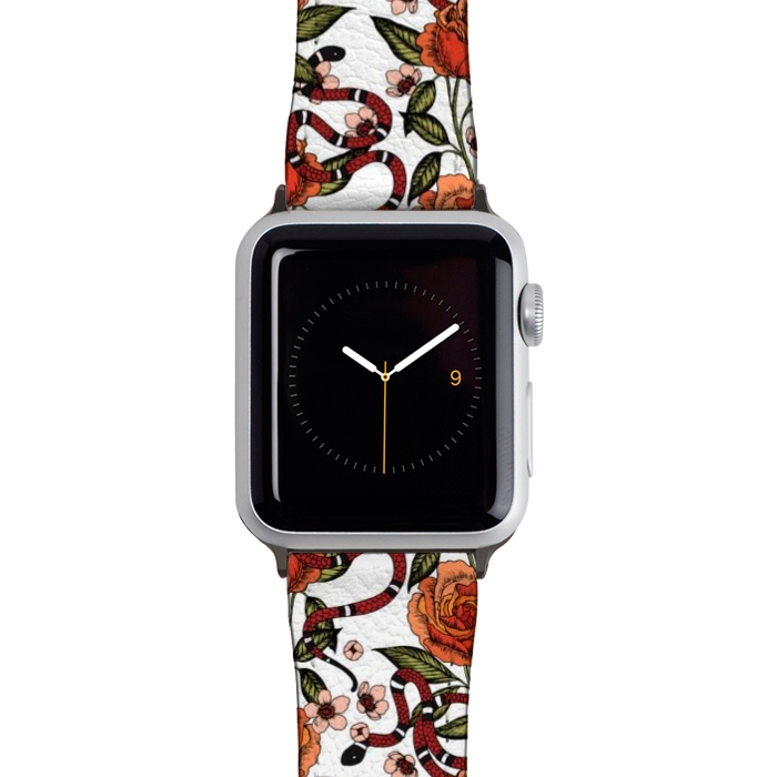 Watch 42mm / 44mm Strap PU leather Roses and snake. White pattern by Julia Badeeva