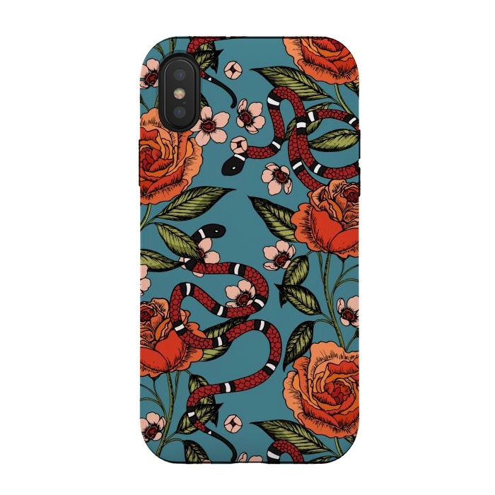 iPhone Xs / X StrongFit Roses and snake. Blue pattern by Julia Badeeva