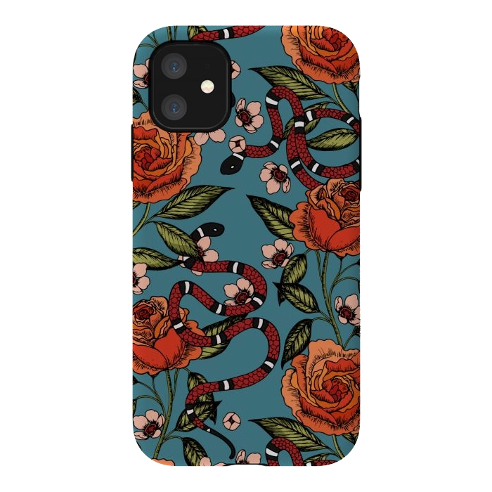 iPhone 11 StrongFit Roses and snake. Blue pattern by Julia Badeeva