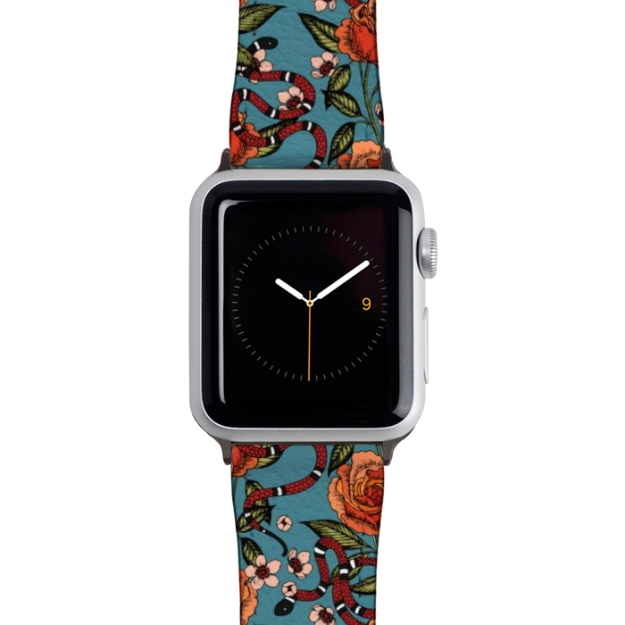 Watch 42mm / 44mm Strap PU leather Roses and snake. Blue pattern by Julia Badeeva