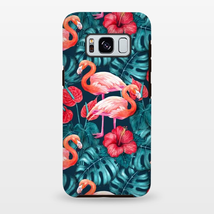 Galaxy S8 plus StrongFit Flamingo birds and tropical garden watercolor by Katerina Kirilova